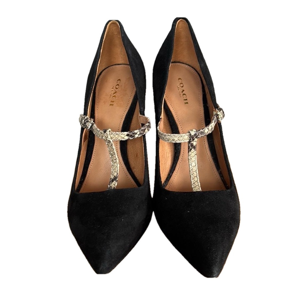 Coach Fulton Black Suede Snakeskin T-Strap Pointed Toe Stiletto Heels size 8.5